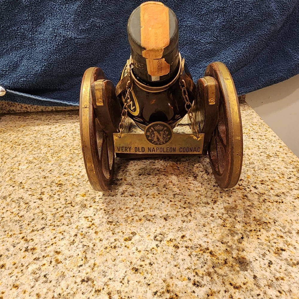 Vintage Heublein Brass‎ Monkey Bottle in Wooden Cannon Carriage Napoleon Cognac